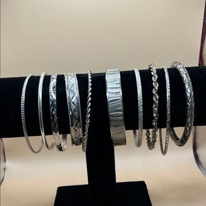 10 Vintage Silver Mixed Bangle Bracelet Set - Silver Stack